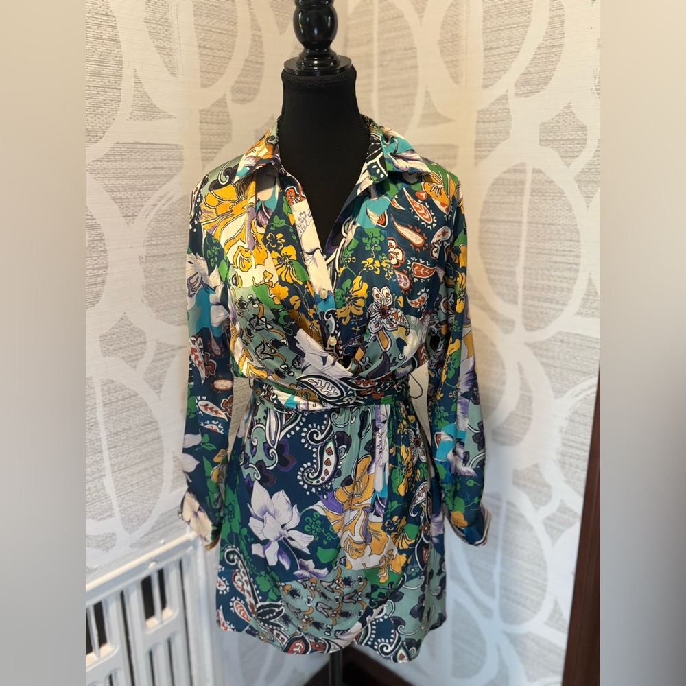 Zara size XS faux wrap mini dress paisley green navy yellow purple floral